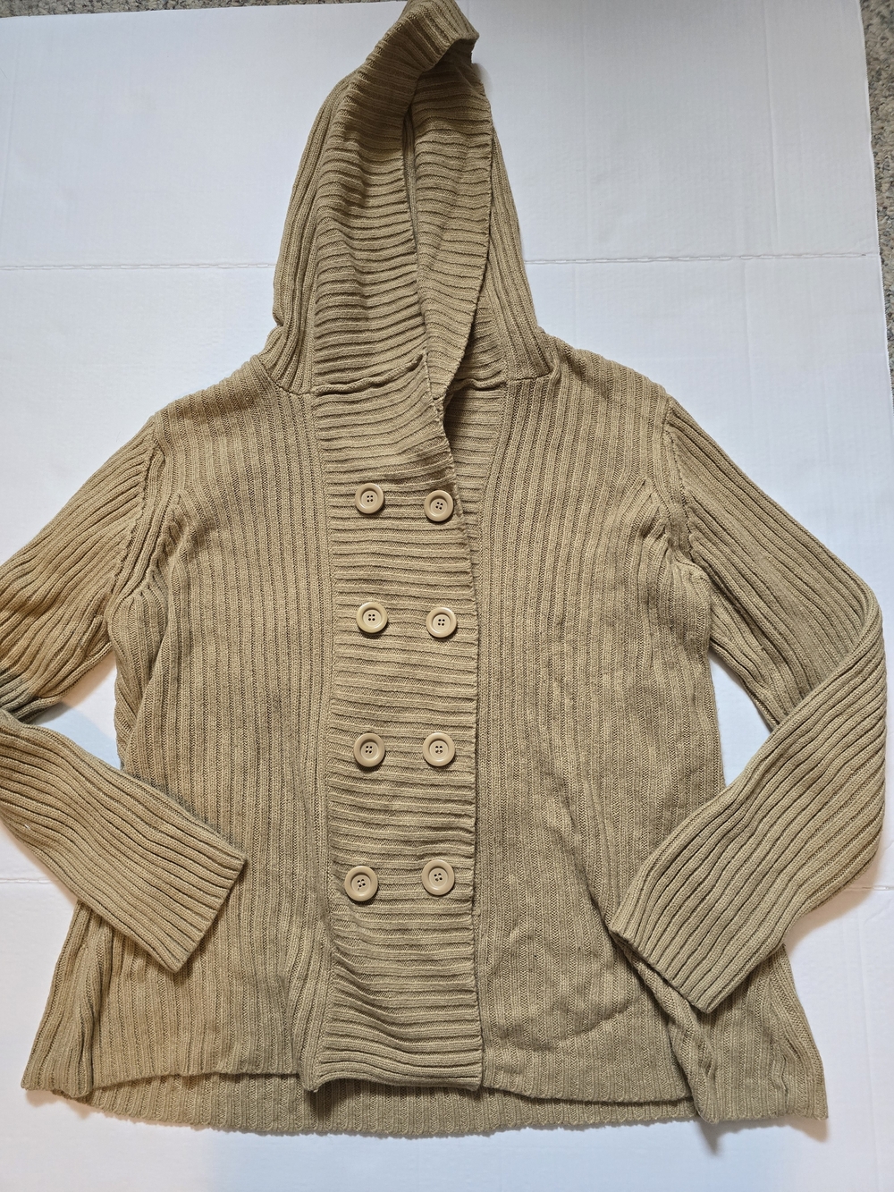 Carol Rose Ribbed Hooded Double-Breasted Sweater Cardigan - Tan - Picture 1 of 3